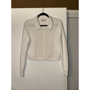 Hollister Medium White Chunky Knit Collared Button Down Sweater EUC